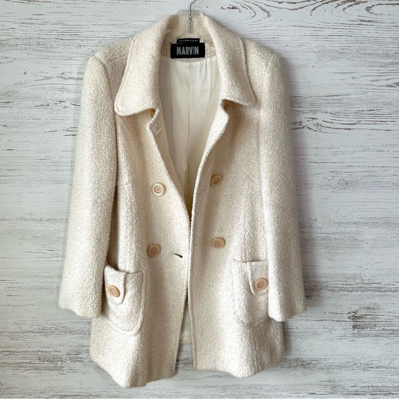 MARVIN RICHARDS Wool Tweed Cream Large Button Twee Pea Coat M - Picture 8 of 12